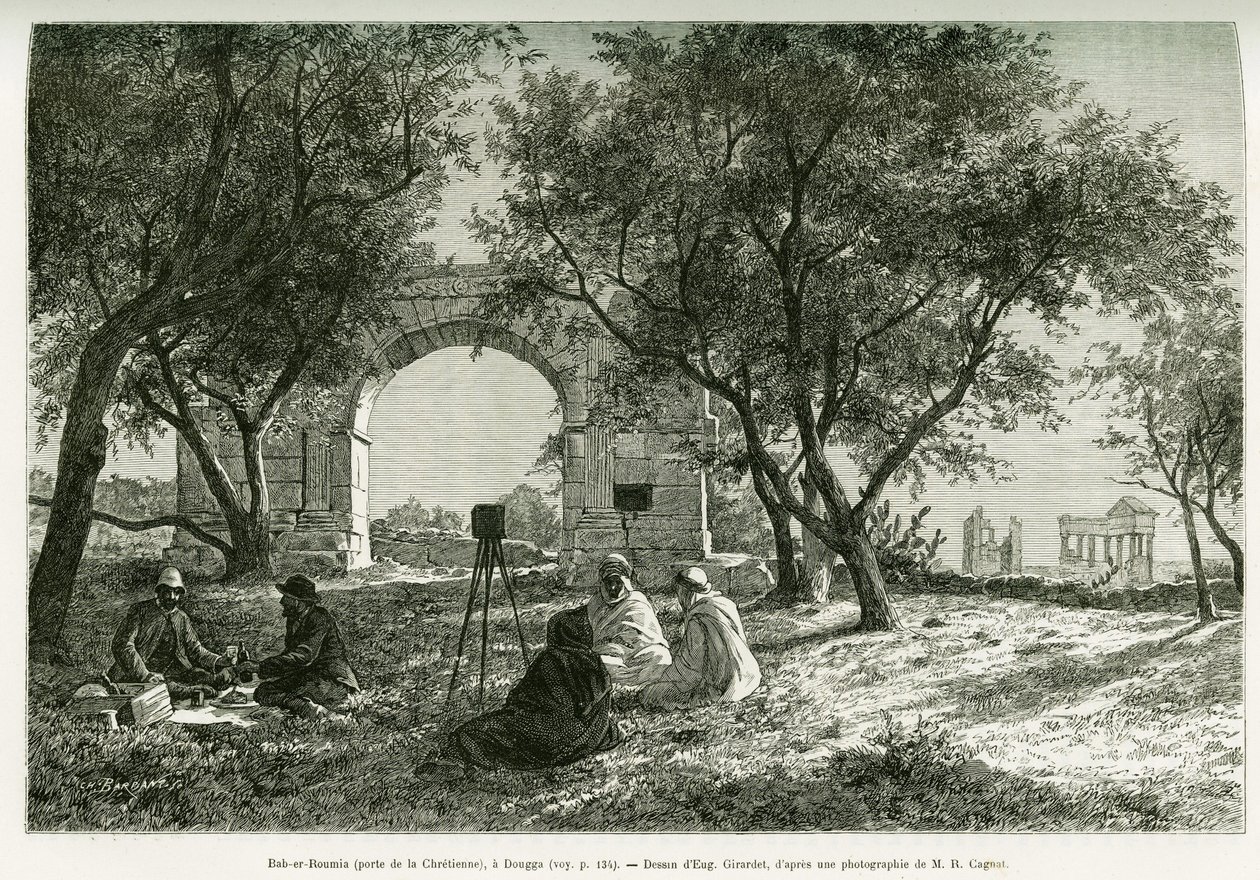 Bab-er-Roumia (Bab er Roumia), a keresztény asszony kapuja, római romok Douggában, utazók és vezetőik piknikje, kamera körül. Eugene Girardet metszet, R. Cagnat és H. Saladin Voyage en Tunisie című történetének illusztrálására, egy boltív töltetei alkotó: Eugene Alexis Girardet