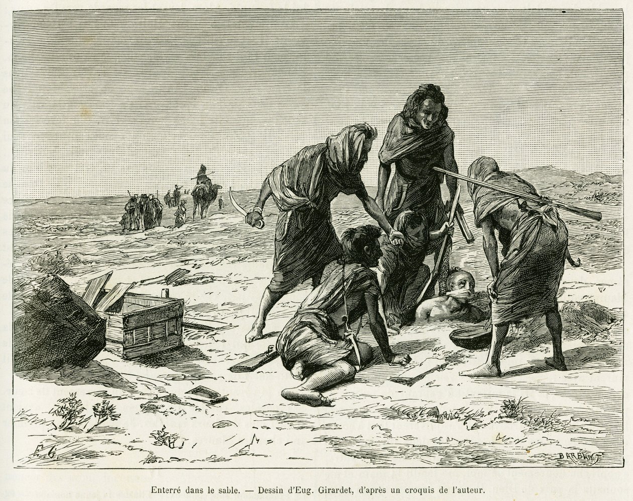 Temesd a homokba. Eugene Girardet metszet a történet illusztrálására: Öt hónap Nyugat-Szahara nomád lápjain, 1887-ben, Camille Douls, in le tour du monde 1888, Edouard Charton (1807-1890), Hachette, Párizs irányítása alatt. alkotó: Eugene Alexis Girardet