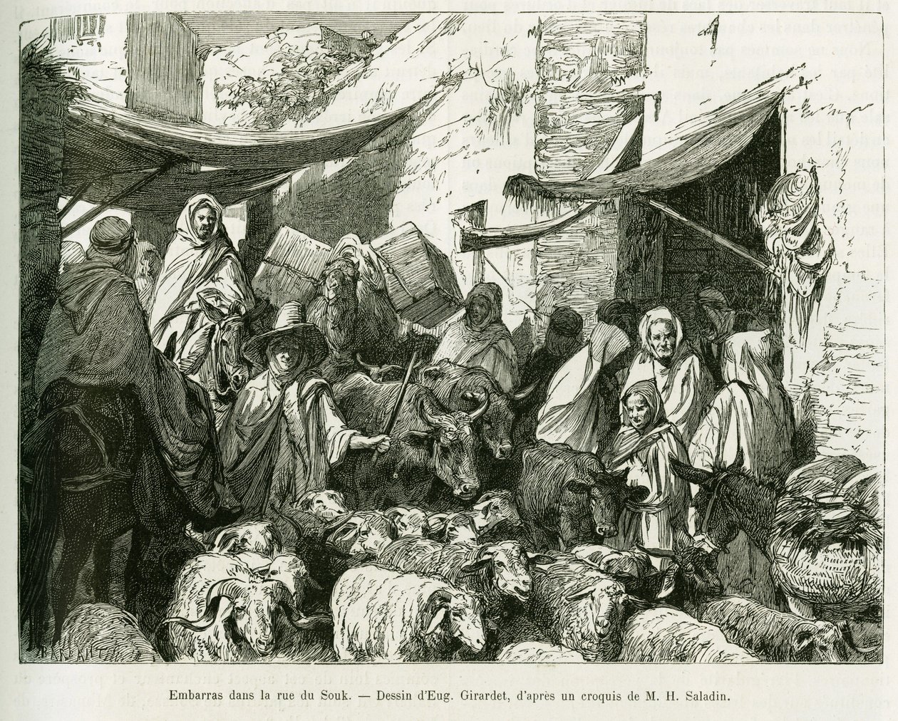 Zavarban a Teboursouk Souk Streeten. Eugene Girardet metszet, R. Cagnat és H. Saladin Voyage en Tunisie című történetének illusztrálására, a közoktatási minisztérium régészeti küldetésének vádjai, a tour du monde 1888-ban, a direktival alkotó: Eugene Alexis Girardet