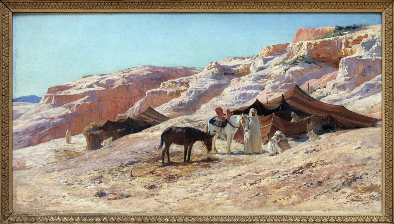 A tábor, Eugene Girardet (1853-1907) olajfestménye vászonra, arab utazók (beduinok) tábora a dűnéken. Homályos. 50x60 cm. Fényképészet, KIM Youngtae, Nantes, Musee des Beaux Art de Nantes. alkotó: Eugene Alexis Girardet