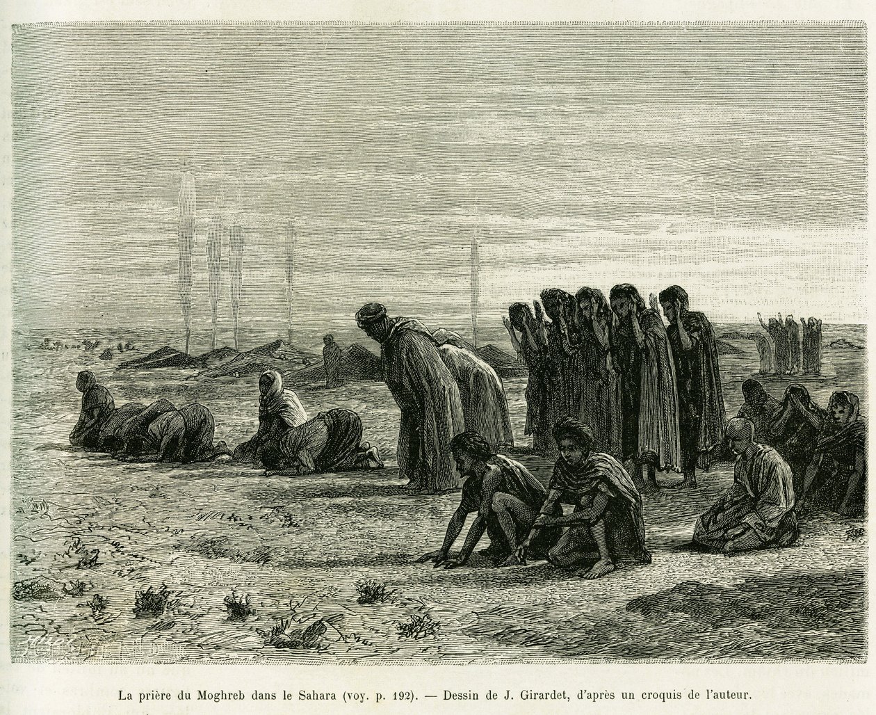 Moghreb ima a Szaharában. J.Girardet metszet a Cinq mois chez les moures nomades du Sahara occidental történet illusztrálására, 1887-ben, Camille Douls, in le tour du monde 1888, Edouard Charton (1807-1890), Hachette, Pa. alkotó: Eugene Alexis Girardet