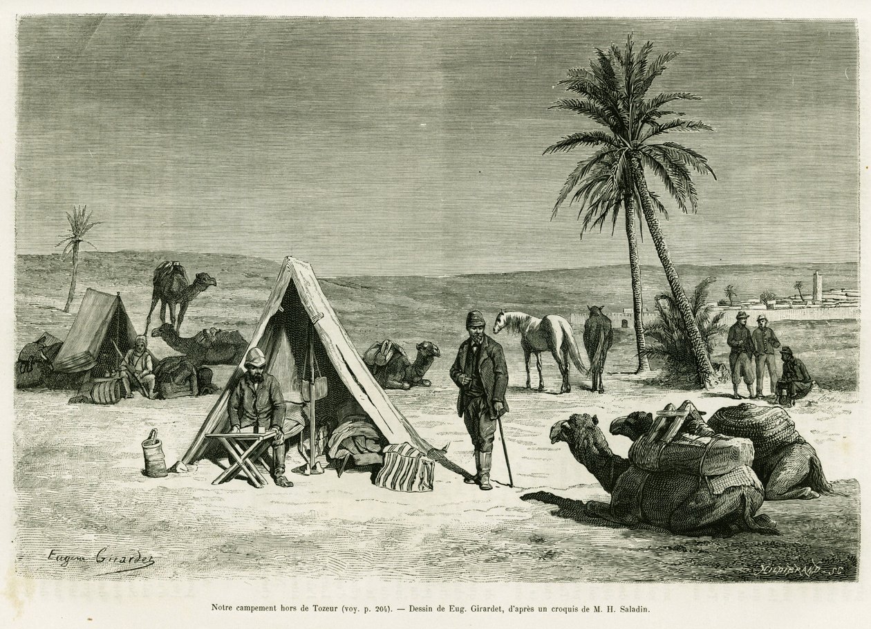 Utazótábor Tozeur környékén. Eugene Girardet metszete a Voyage en Tunisie című történet illusztrálására, R. Cagnat és H. Saladin, in le tour du monde 1886, rendező: Edouard Charton (1807-1890), Hachette, Párizs. alkotó: Eugene Alexis Girardet