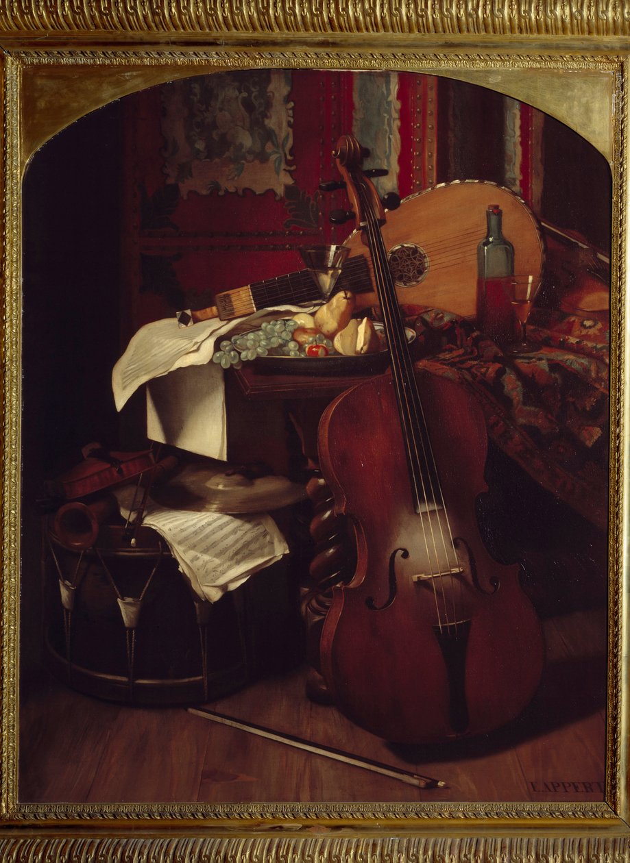 Csendélet hangszerekkel. Eugene Appert festménye (1814-1867) alkotó: Eugene Appert