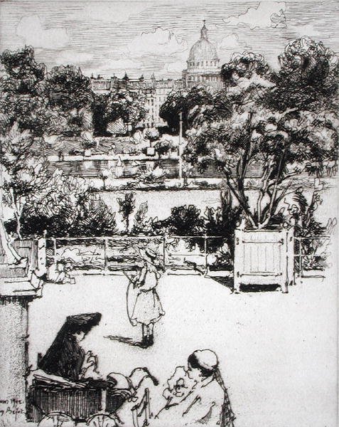 Párizsi park, a „Du Ier au XXeme: Les Arrondissements de Paris…” című könyvből, 1903-ban (rézkarc) alkotó: Eugene Bejot