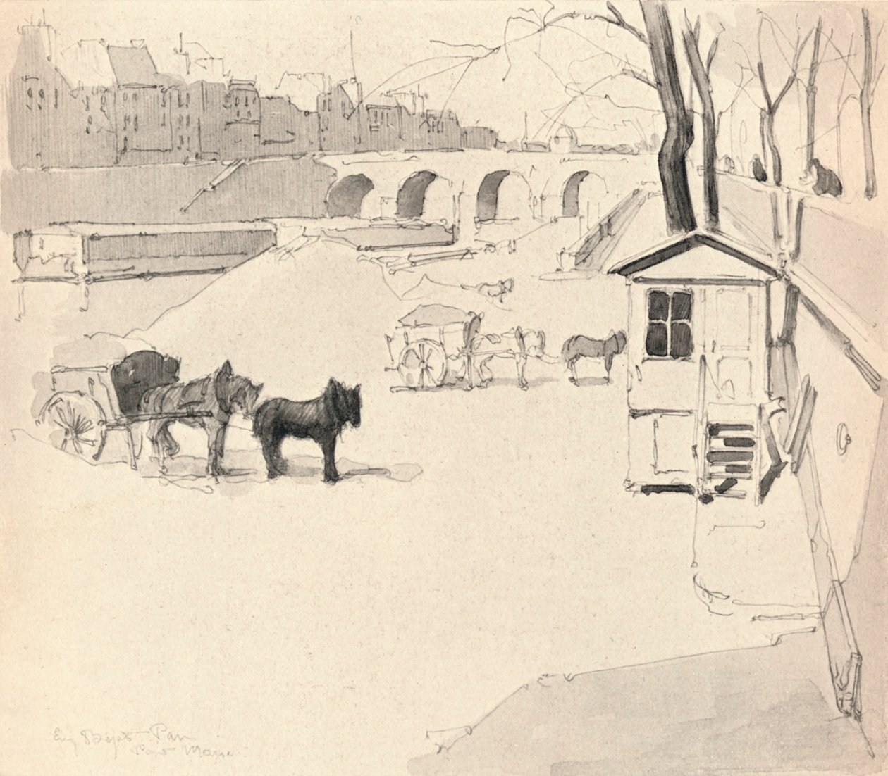 A Pont Marie - Lovak és szekerek, 1915 alkotó: Eugene Bejot