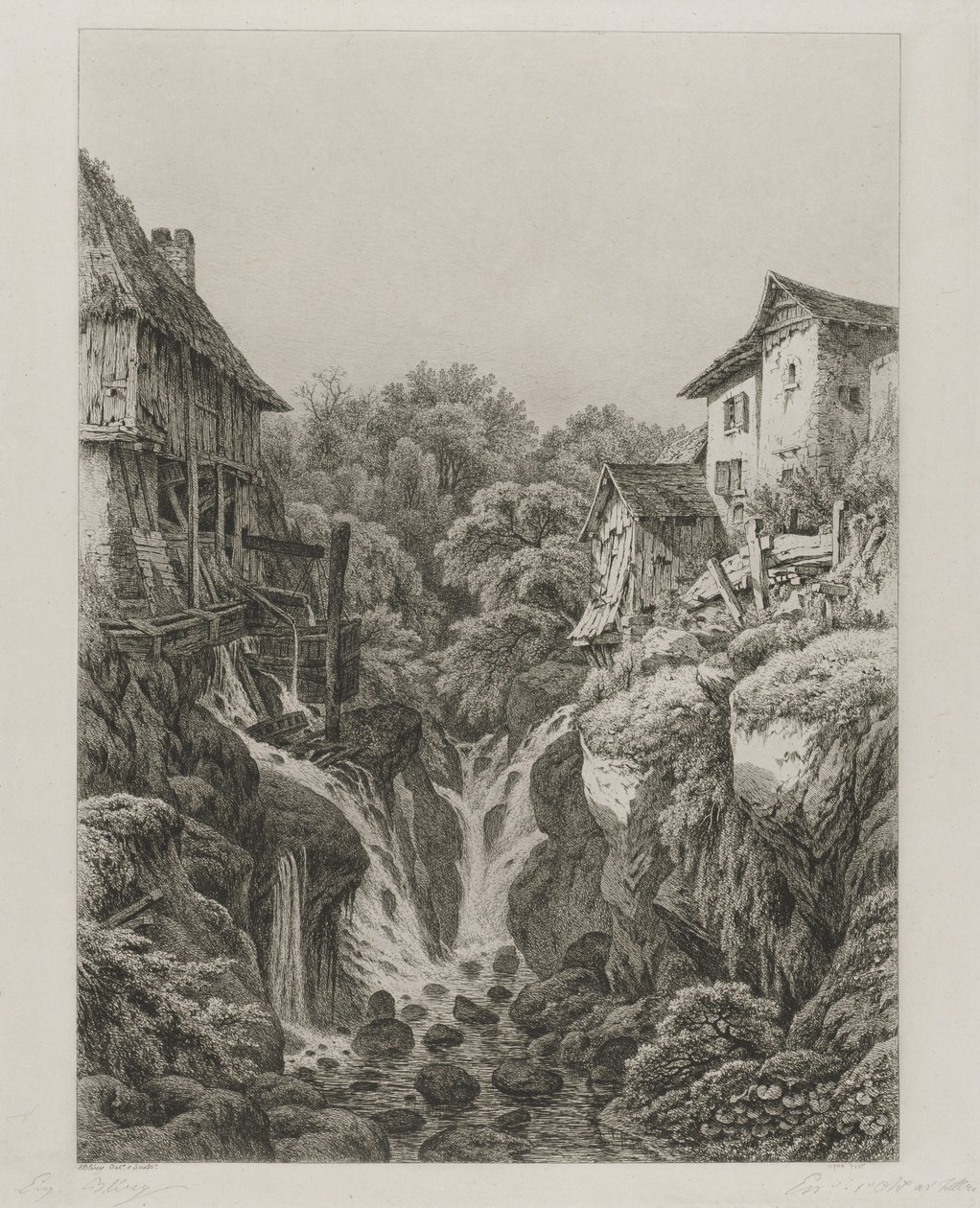 Grésy malma és vízesése Aix-les-Bains közelében, 1856. alkotó: Eugene Bléry