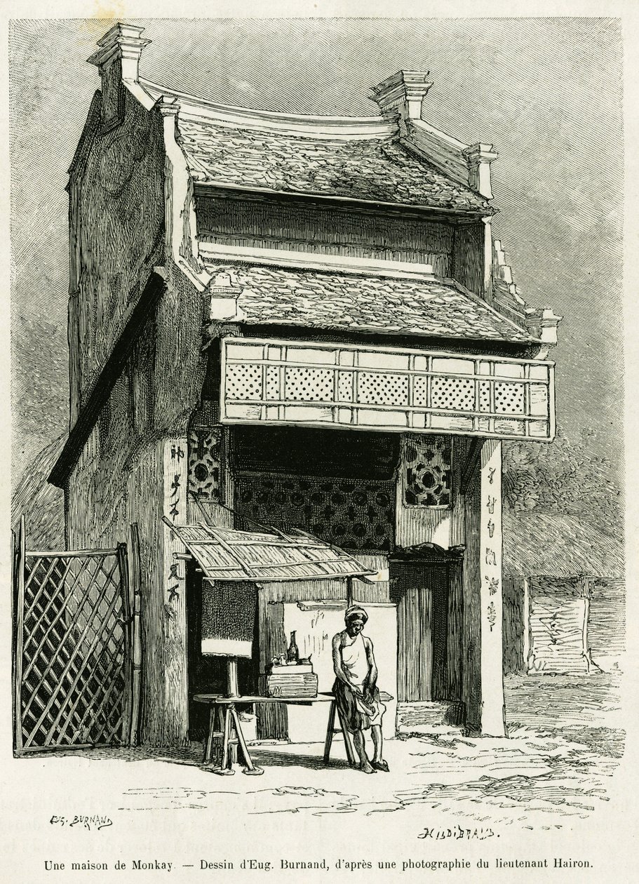 Egy Monkay ház. Eugene Burnand metszete a Sur les frontières du Tonkin című történet illusztrálására, Doctor P.Neiss, in le tour du monde 1888, rendező: Edouard Charton (1807-1890), Hachette, Párizs. alkotó: Eugene Burnand