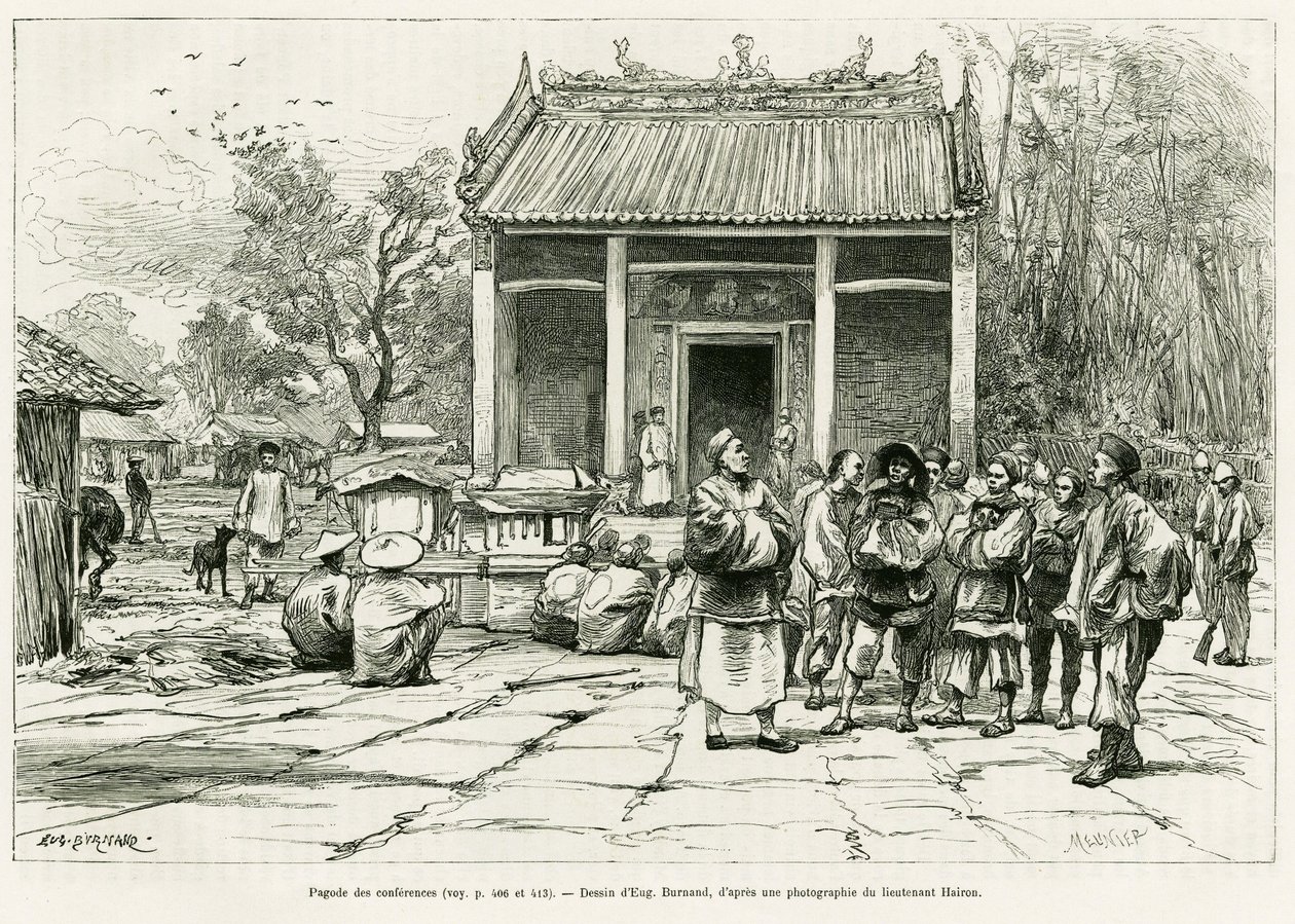 Konferenciák Pagoda, Monkay. Eugene Burnand metszete a Sur les frontières du Tonkin című történet illusztrálására, Doctor P.Neiss, in le tour du monde 1888, rendező: Edouard Charton (1807-1890), Hachette, Párizs. alkotó: Eugene Burnand