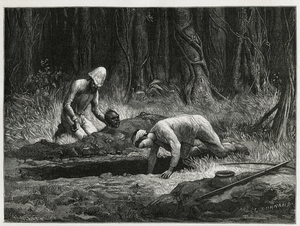 Dr. Harmand és Annamita segítője, akik titkos exhumálást végeztek Khas temetkezéseiről Attopeuban (Laosz), Eugene Burnand metszetét, hogy illusztrálja Laosz történetét és Indokína vadon élő populációit Dr. Harmand 1877-ben, és megjelent a körútban. du alkotó: Eugene Burnand