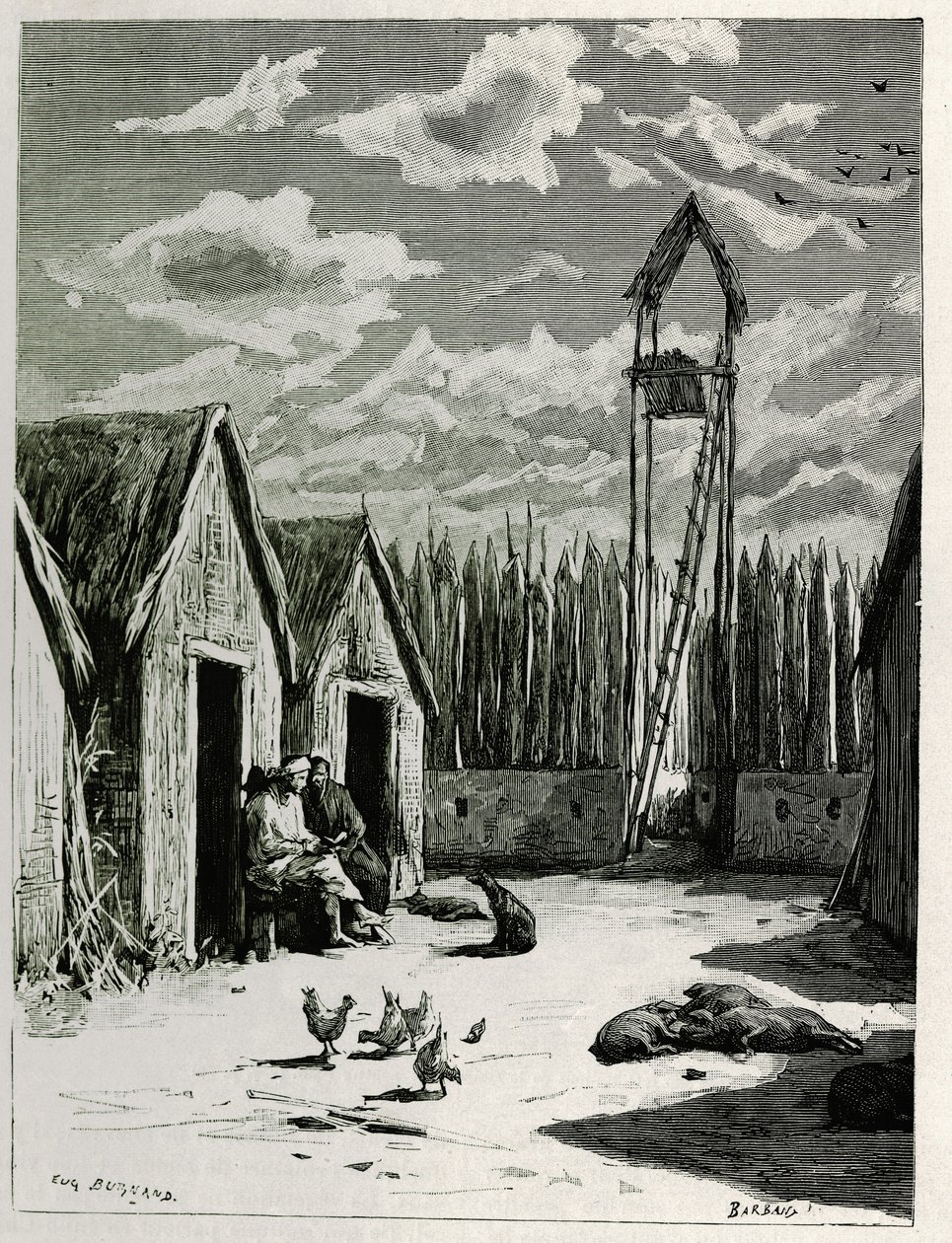 Missziós tér Meuong Ngan-ban. Eugene Burnand metszete Dr. P.Neis „Utazás Felső-Laoszban” című történetének illusztrálására 1880-ban. Megjelent a Le Tour du monde, nouveau Journal des voyages, 1885. évi 2. félévben, szerkesztette Edouard Charton (1807-1890) alkotó: Eugene Burnand