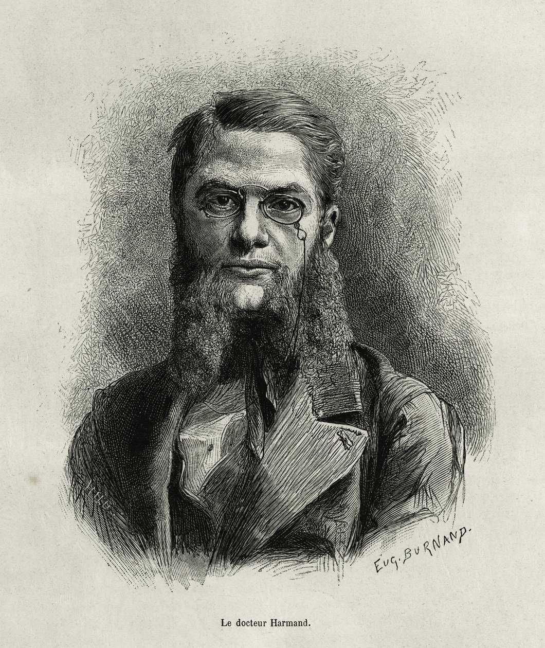 Dr. Harmand portréja, Eugene Burnand metszete, Laosz és Indokína vadon élő populációi történetének illusztrálására Dr. Harmandtól, 1877-ben, a tour du monde-ban, Edouard Charton irányítása alatt. alkotó: Eugene Burnand