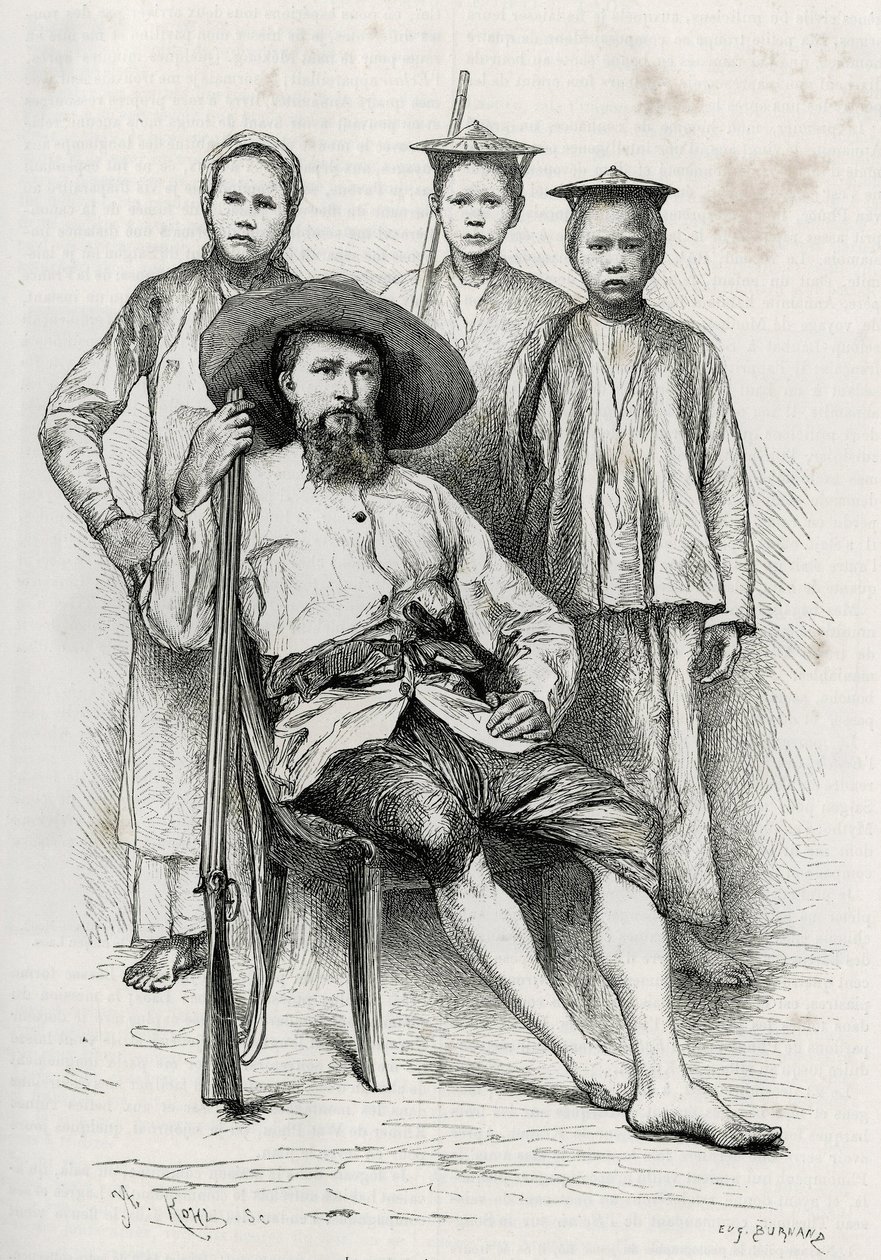 A szerző portréja, körülveszi útitársait. Eugene Burnand metszete Dr. P.Neis „Utazás Felső-Laoszban” című történetének illusztrálására 1880-ban. Megjelent a Le Tour du monde, nouveau Journal des voyages, 1885. évi 2. félévben, szerkesztette Edou alkotó: Eugene Burnand