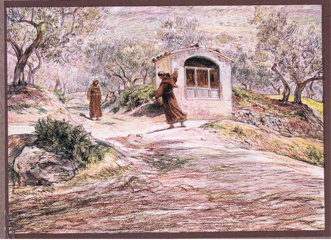 Szent Ferenc sokszor megfordul Masseo fráterrel, hogy megtalálja az utat, amelyen mennie kell, 1919 alkotó: Eugene Burnand