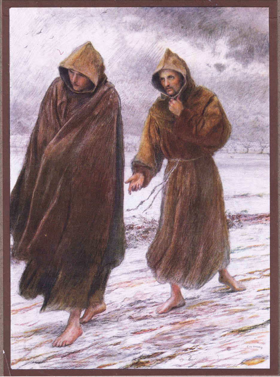 Szent Ferenc útnak indul Leó baráthoz, ahol a tökéletes öröm lelhető fel, 1919 alkotó: Eugene Burnand