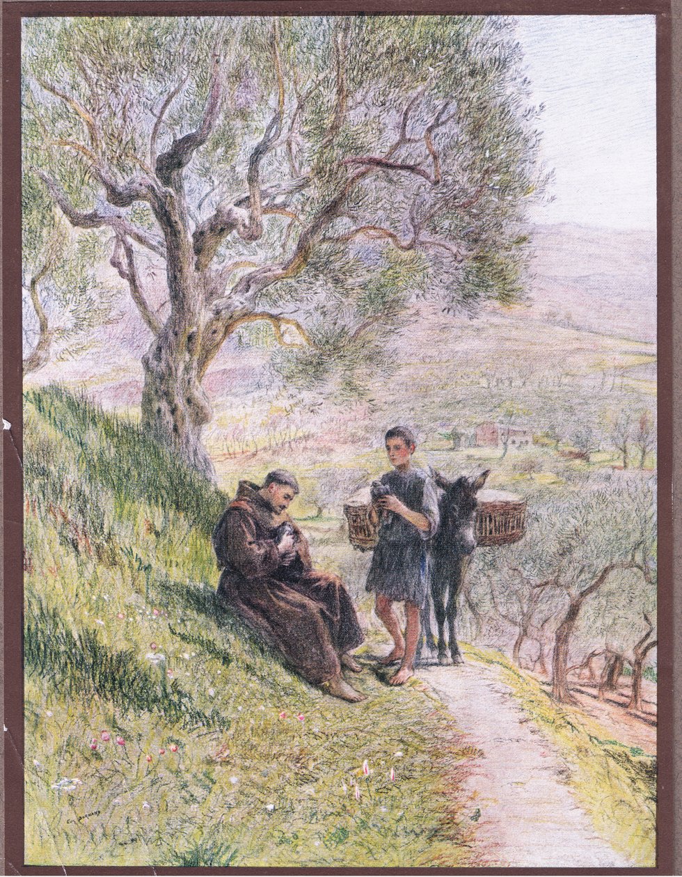 Szent Ferenc megszelídíti a vad teknős galambokat, 1919 alkotó: Eugene Burnand