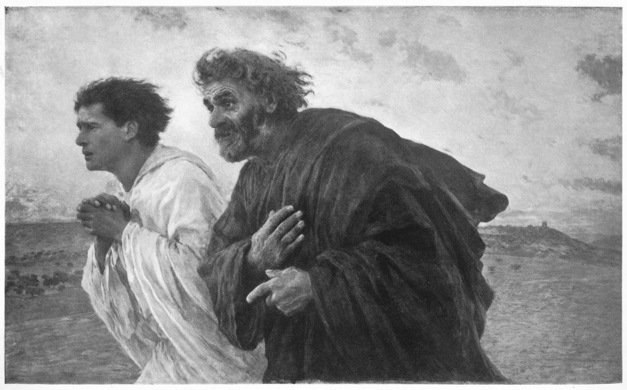 Péter és János tanítványok a sírhoz futnak a feltámadás reggelén, 1898. alkotó: Eugene Burnand