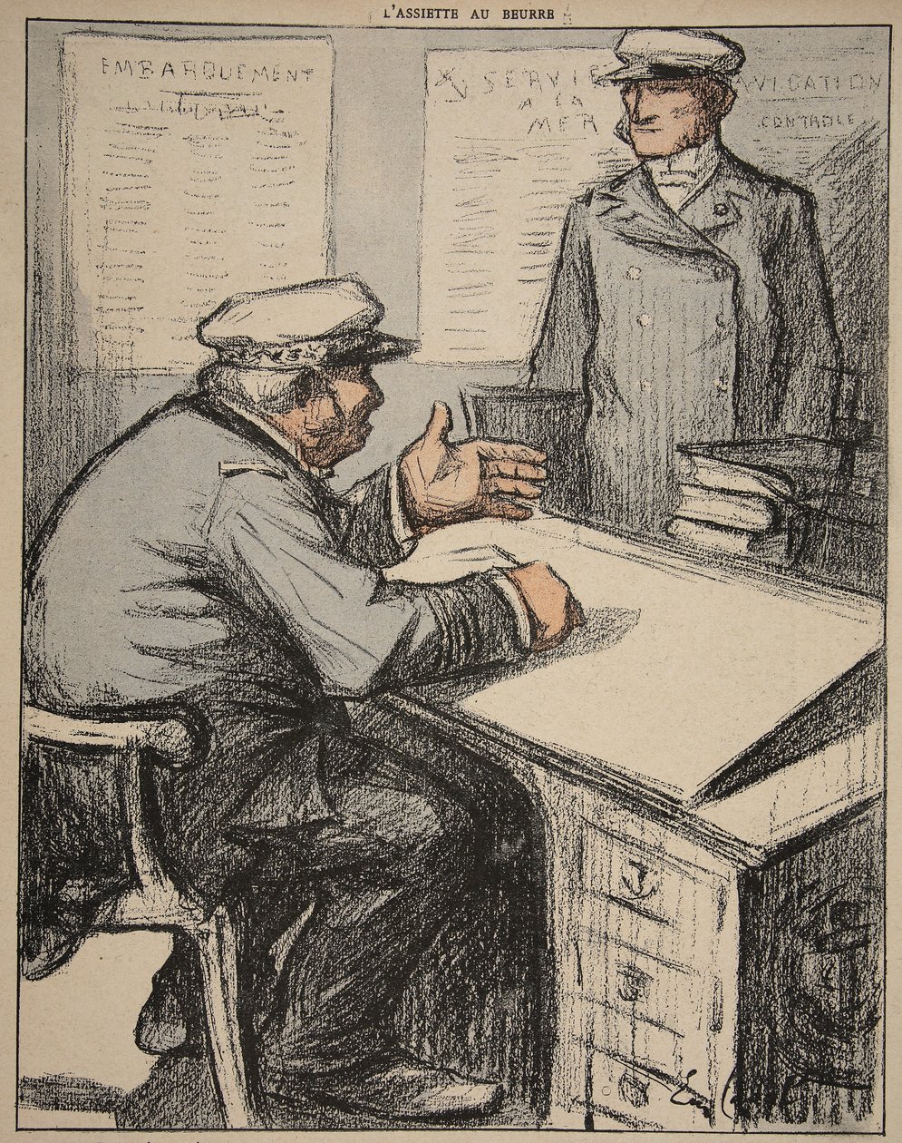 Két tengerész úr az irodájukban, illusztráció a „The Butter Plate: The Officials” című könyvből, 1902. augusztus 9. alkotó: Eugene Cadel