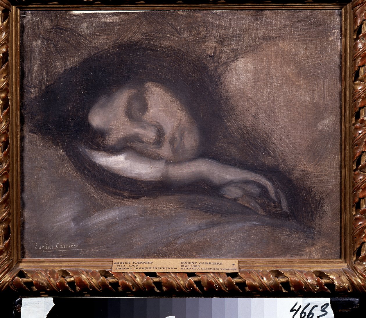 Egy alvó nő feje. Eugene Carriere (1849-1906) festménye. Mérete: 36x47 cm. Olajfestmény. Szimbolizmus. Puskin Múzeum, Moszkva alkotó: Eugène Carrière
