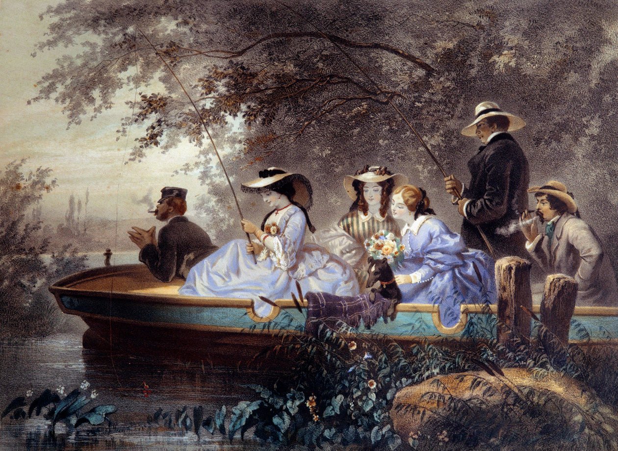 Egy vasárnap a családdal, horgászat a folyóban Litográfia Eugene Guerard (1821-1866) 19. századi Párizs, Musee Carnavalet alkotó: Eugene Charles Francois Guerard