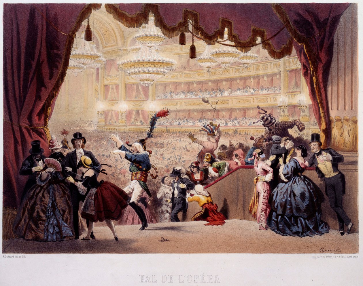 A párizsi Opera de la Rue Le Peletier maszkbálja Ezt a bált Grand Veglione-nak hívták. Eugene von Guerard litográfiája (1811-1901) 19. századi Párizs, Musee Carnavalet alkotó: Eugene Charles Francois Guerard
