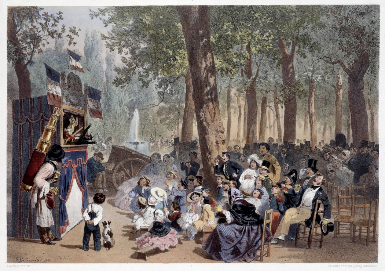 A guignolok bemutatója a párizsi Champs Elysees-n a XIX. Eugene Guerard (1821-1866) nyomatai 19. századi Párizs, Musee Carnavalet alkotó: Eugene Charles Francois Guerard