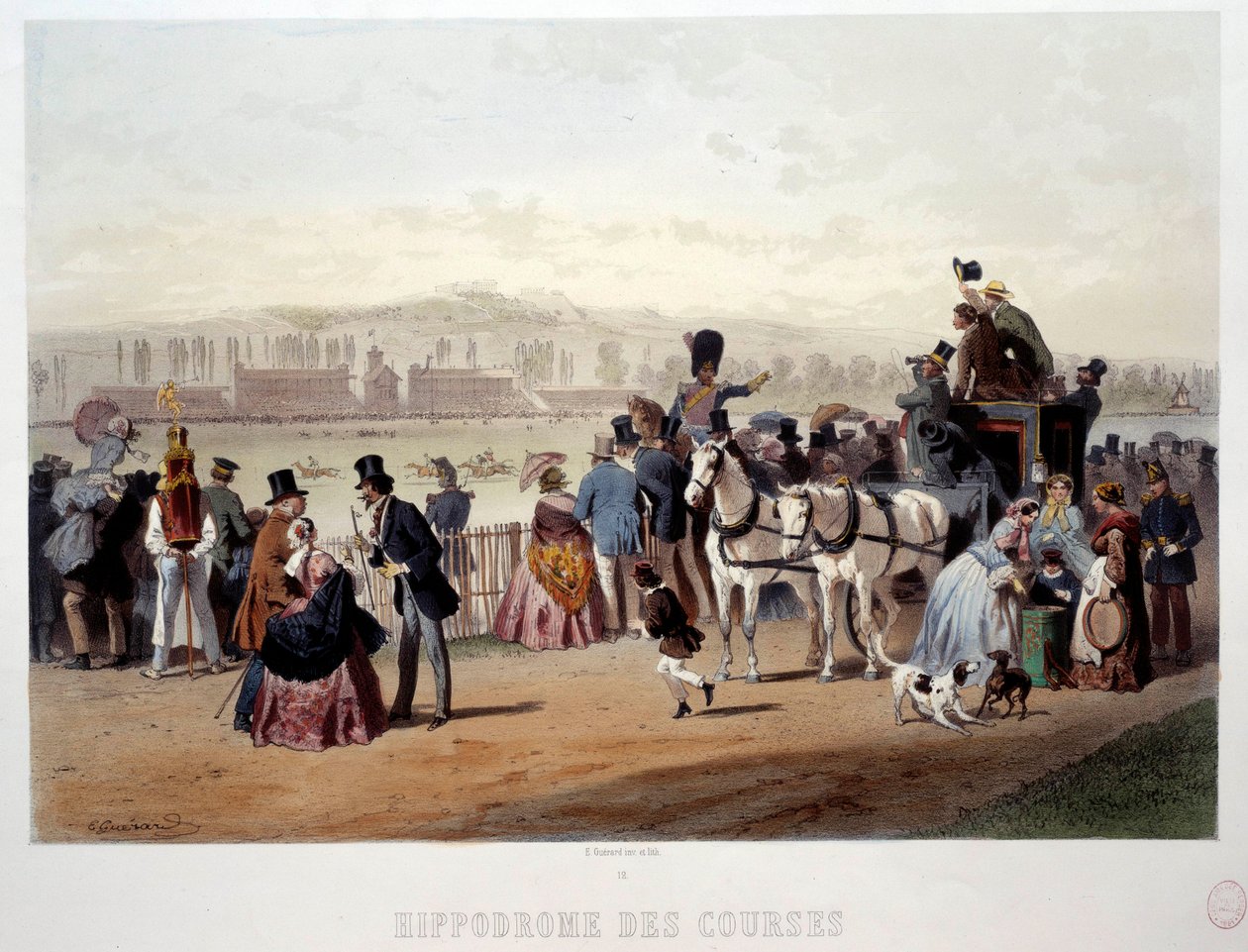 Kilátás a versenypályára a Bois de Boulogne-i litográfiánál, Eugene Guerard (1821-1866) 19. század. Párizs, Musee Carnavalet alkotó: Eugene Charles Francois Guerard