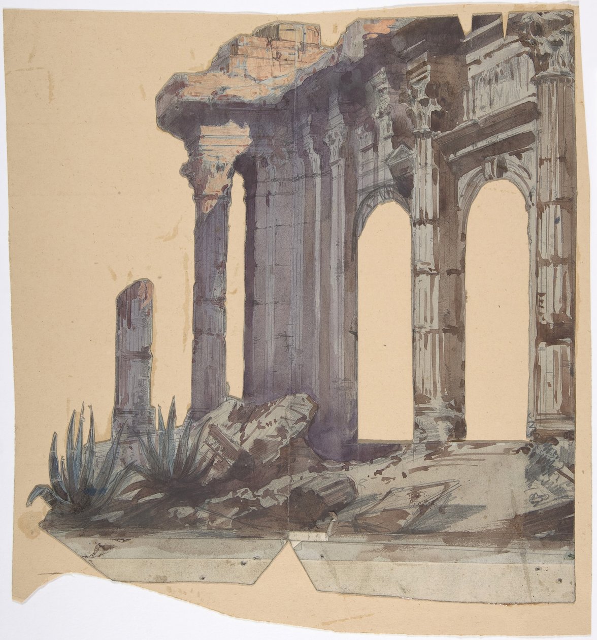 Színpadi díszlet az Opérában, Párizs: Oszlopos külső, 1828-90. alkotó: Eugene Ciceri