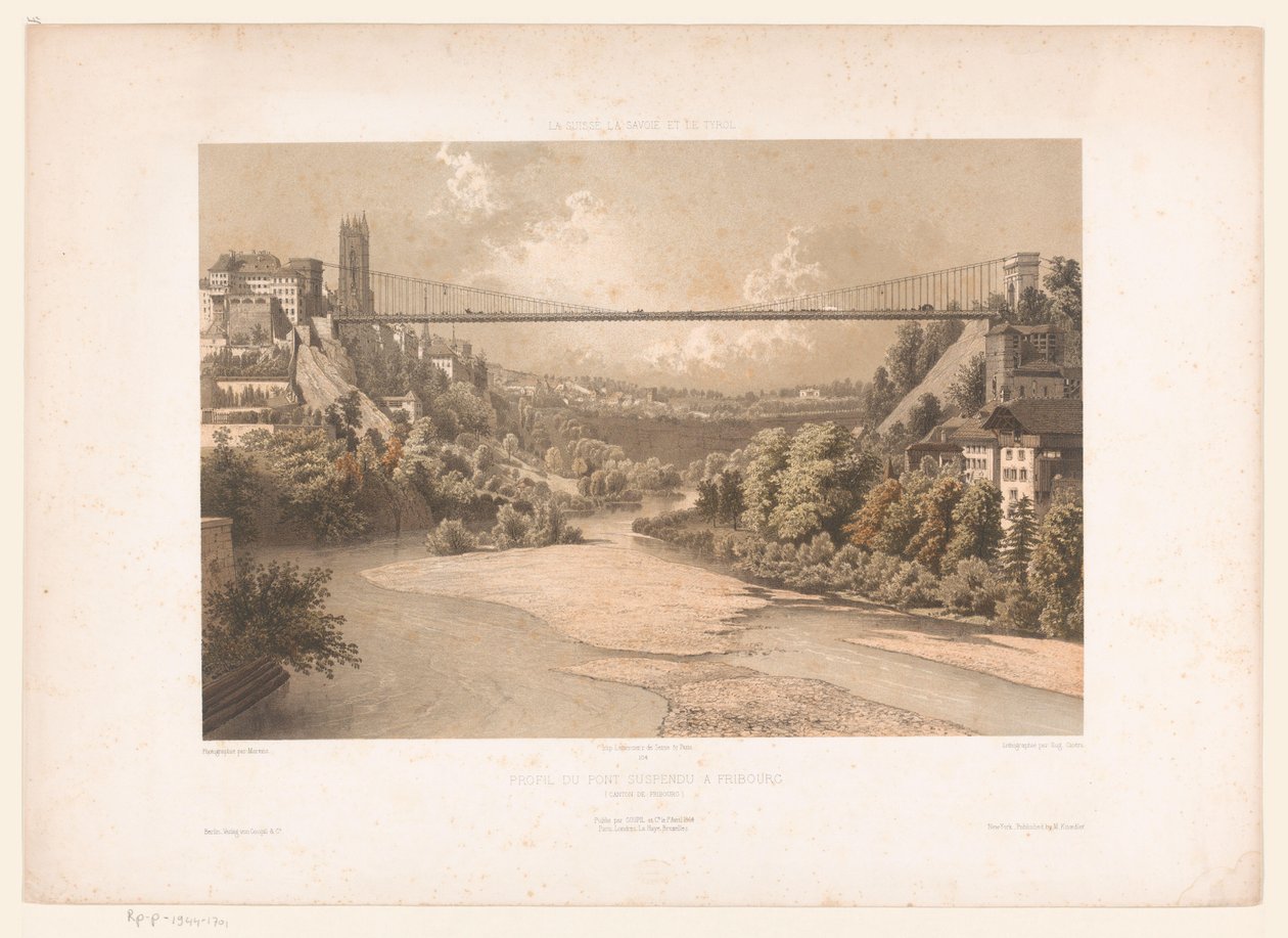 Gezicht op de hangbrug over de Sarine, te Fribourg Svájc Savoy és Tirol / A fribourgi függőhíd profilja (Fribourg kanton) (cím az objektumon) alkotó: Eugene Ciceri