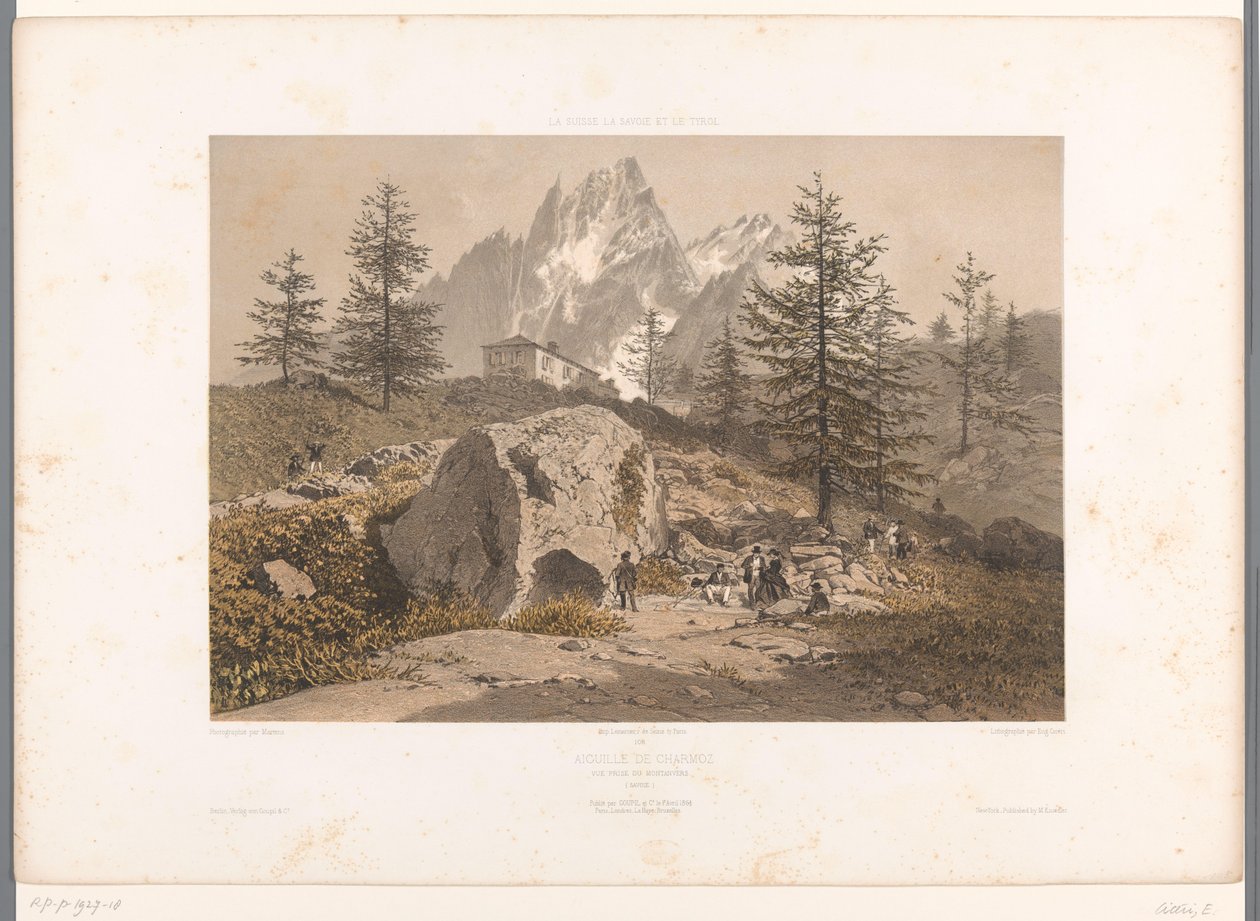 Táj sétálókkal és kilátással az Aiguille des Grands Charmozra Aiguille de Charmoz (cím a tárgyon) Arcok Svájcban, Savoyában és Tirolban (sorozat címe) La Suisse, la Savoie et le Tyrol (sorozat címe a tárgyon) alkotó: Eugene Ciceri