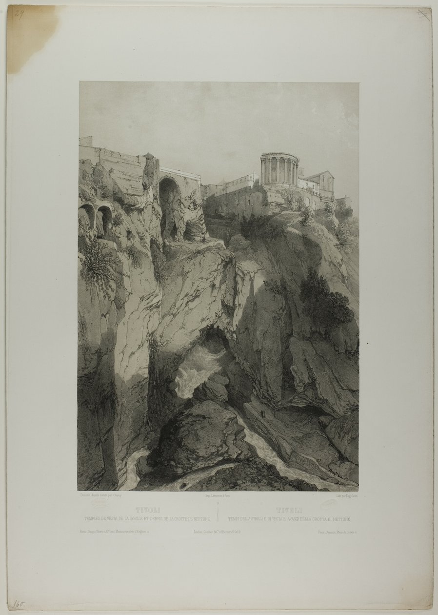 Tivoli: Vesta és Szibilla templomai, valamint a Neptunusz barlangjának romjai, tizenkilencedik lemez az Italie Monumentale et Pittoresque-től alkotó: Eugene Ciceri