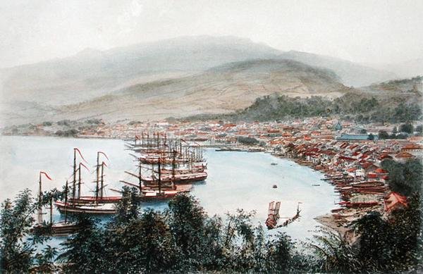 Saint-Pierre látképe a Sainte-Marthe-i ágyúállásból, Martinique (színes litográfia) alkotó: Eugene Ciceri
