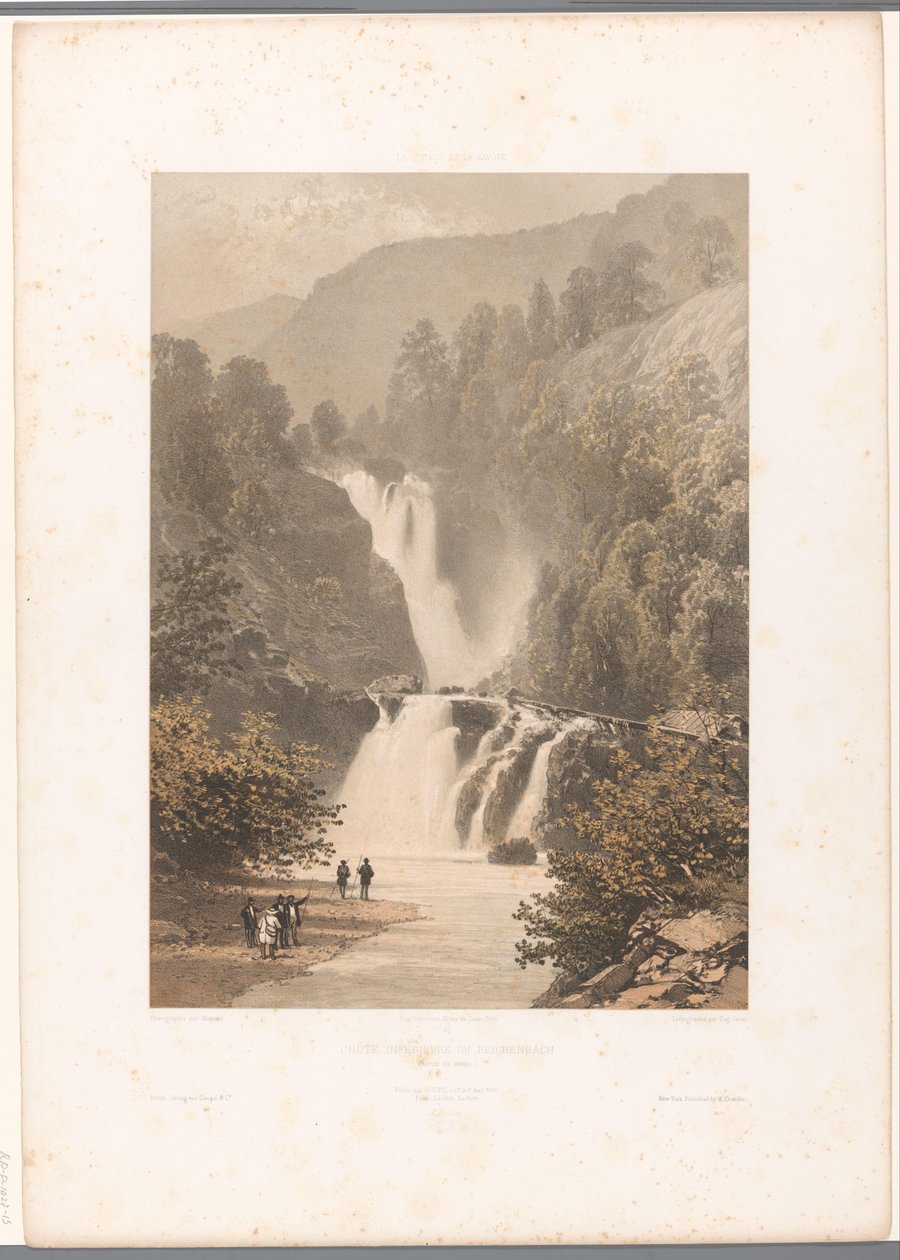 Természetjárók kilátással a Reichenbach-vízesésre Chateau inferior du Reichenbach (cím a tárgyon) Arcok Svájcban és Savoyában (sorozat címe) La Suisse et la Savoie (sorozat címe az objektumon) alkotó: Eugene Ciceri