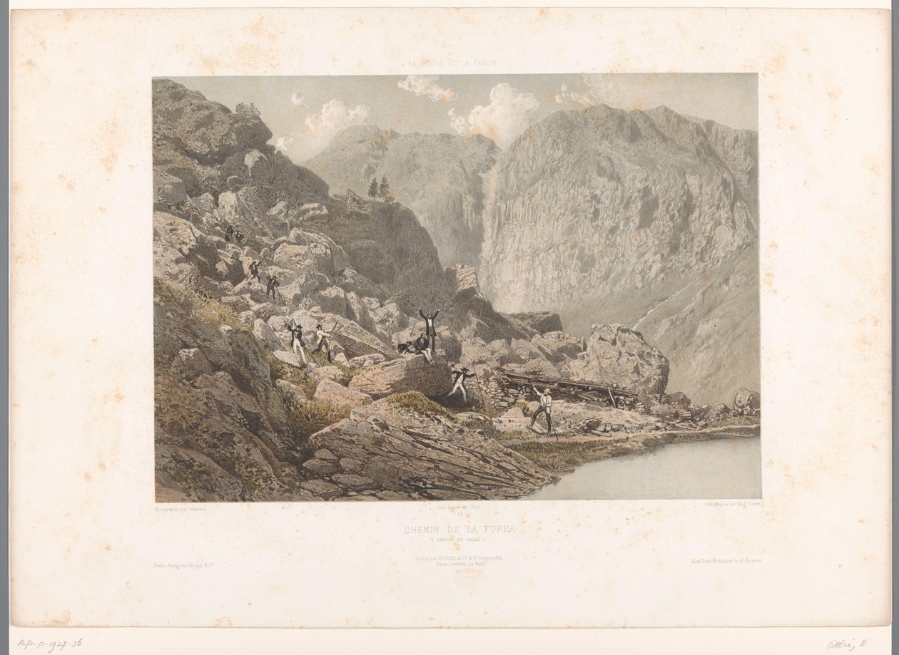 Túrázók a Furka-hágón Chemin de la Furka (cím a tárgyon) Arcok Svájcban és Savoyában (sorozat címe) La Suisse et la Savoie (sorozat címe az objektumon) alkotó: Eugene Ciceri