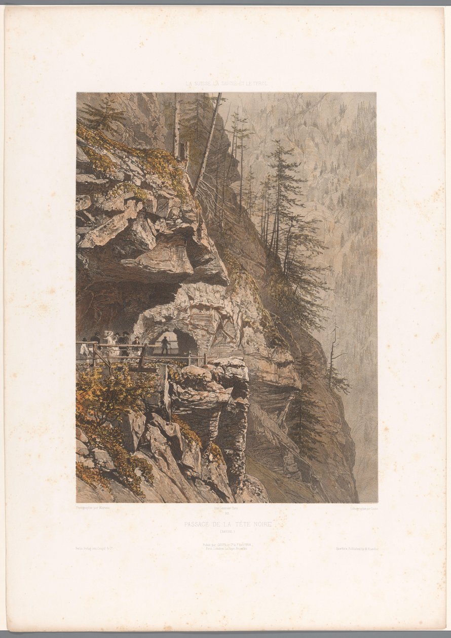 Wandelaars op de Tête Noire-pas tussen Martigny en Chamonix A fekete fej áthaladása (cím a tárgyon) Gezichten in Zwitserland, Savoy in Tirol (sorozat címe) Svájc, Savoy és Tirol (sorozat címe a tárgyon) alkotó: Eugene Ciceri
