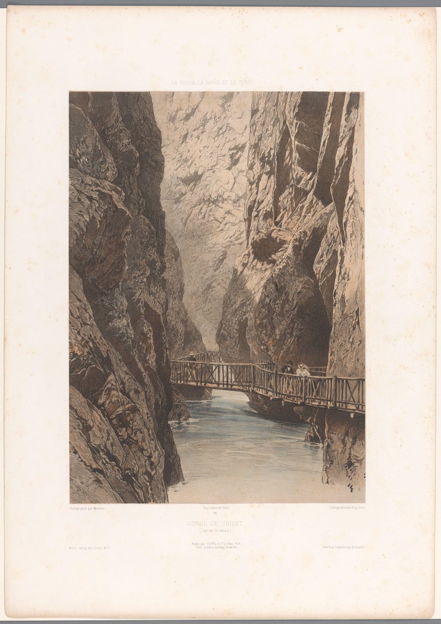 Túrázók a Trientschluchton átvezető hídon Gorge de Trient (cím az objektumon) Arcok Svájcban, Savoyában és Tirolban (sorozat címe) La Suisse, la Savoie et le Tyrol (sorozat címe a tárgyon) alkotó: Eugene Ciceri