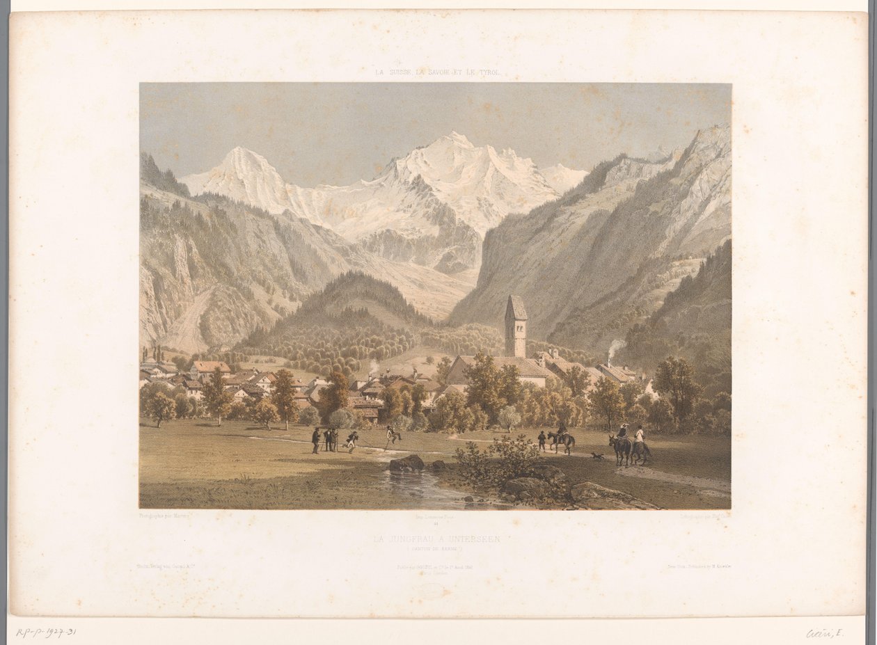 Kilátás az Unterseenre és a Jungfraura La Jungfrau à Unterseen (cím a tárgyon) Arcok Svájcban, Savoyában és Tirolban (sorozat címe) La Suisse, la Savoie et le Tyrol (sorozat címe a tárgyon) alkotó: Eugene Ciceri