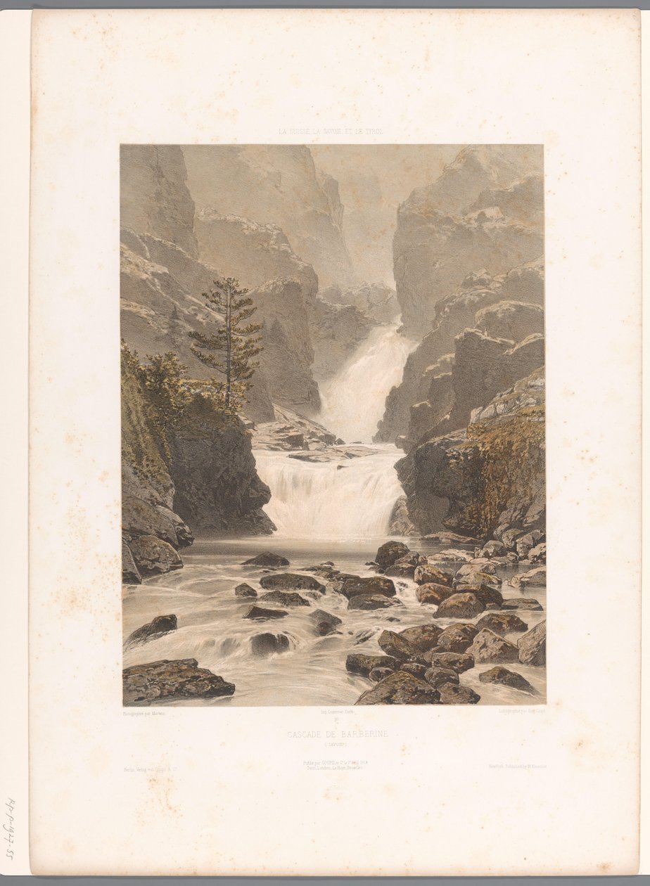 Kilátás a Barberine-vízesésre Vallorcine közelében Cascade de Barberine (cím az objektumon) Arcok Svájcban, Savoyában és Tirolban (sorozat címe) La Suisse, la Savoie et le Tyrol (sorozat címe a tárgyon) alkotó: Eugene Ciceri