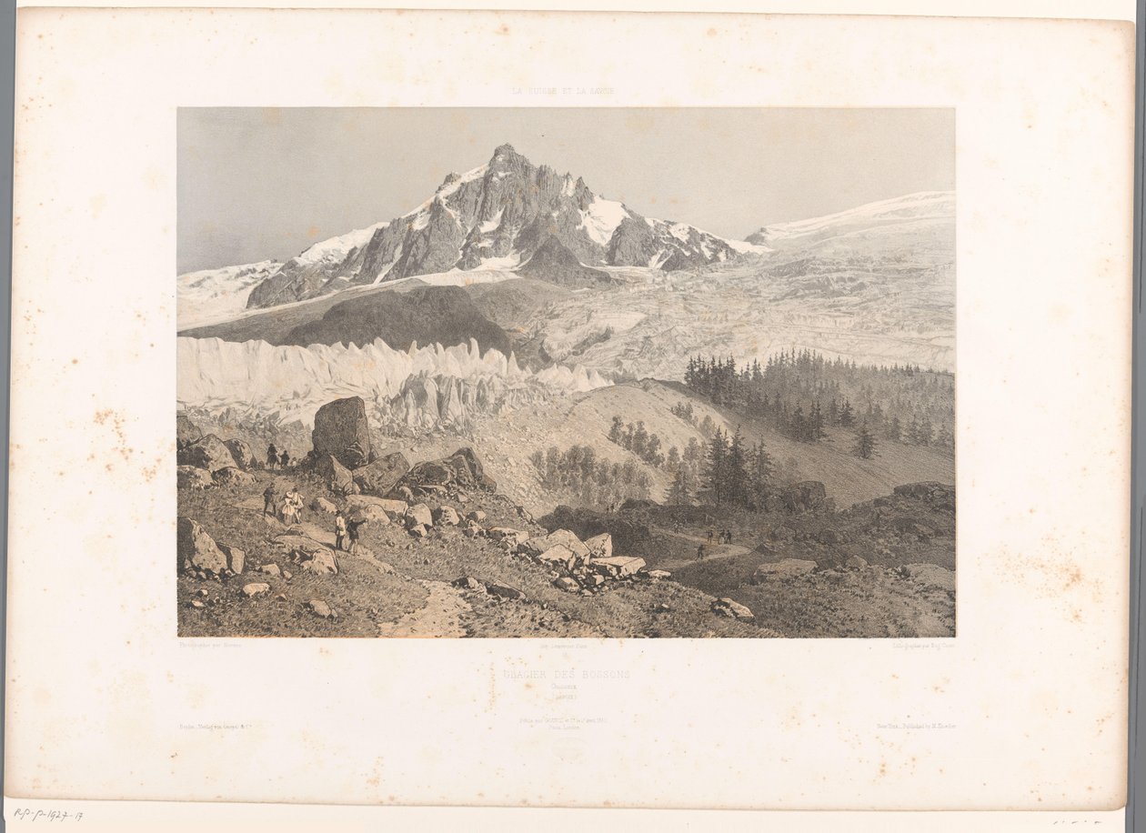 Kilátás a Bossons-gleccserre a Chamonix-völgyben Glacier des Bossons, Chamonix (cím az objektumon) Arcok Svájcban és Savoyában (sorozat címe) La Suisse et la Savoie (sorozat címe az objektumon) alkotó: Eugene Ciceri