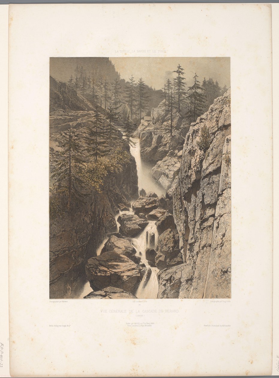Zicht op de Bérard-waterval A Cascade de Bérard általános képe (cím a tárgyon) Gezichten in Zwitserland, Savoy in Tirol (sorozat címe) Svájc, Savoy és Tirol (sorozat címe a tárgyon) alkotó: Eugene Ciceri