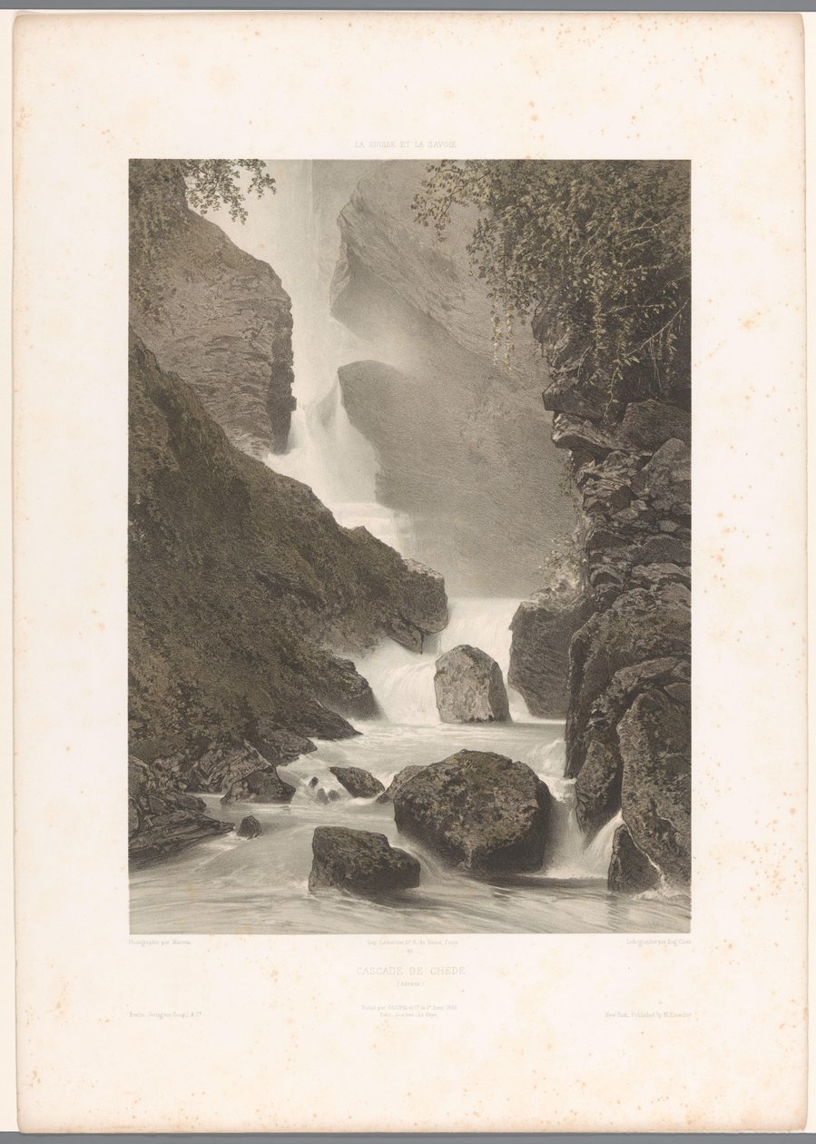 Kilátás a Chède-vízesésre Cascade de Chède (cím az objektumon) La Suisse et la Savoie (sorozat címe) Arcok Svájcban és Savoyában (a sorozat címe a tárgyon) alkotó: Eugene Ciceri
