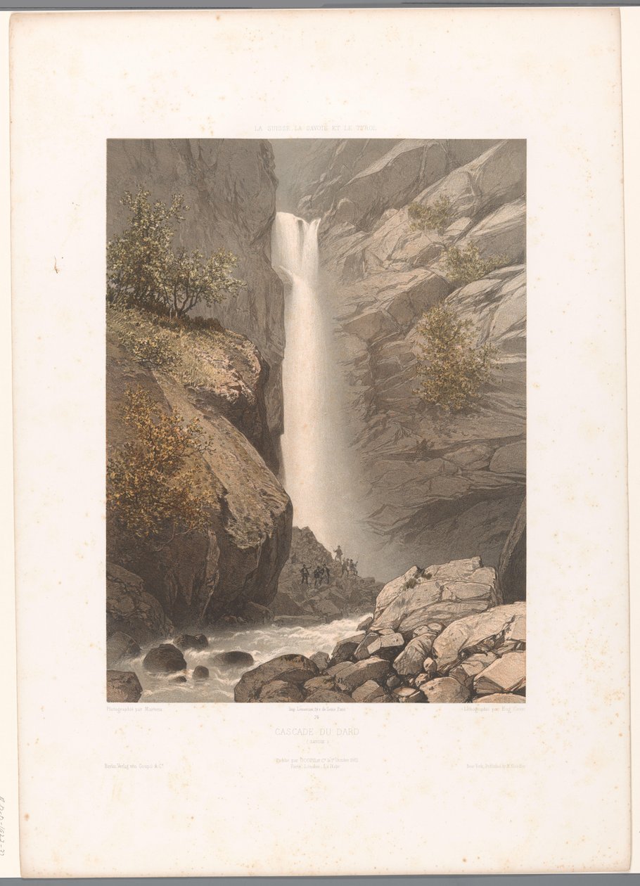 Kilátás a Dard-vízesésre Cascade du Dard (cím az objektumon) Nézetek Svájcban, Savoyában és Tirolban (sorozat címe) La Suisse, la Savoie et le Tyrol (sorozat címe a tárgyon) alkotó: Eugene Ciceri