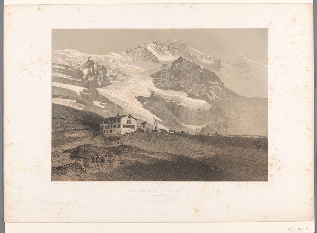 Kilátás a Jungfrau-ra Kleine Scheideggről La Jungfrau vue de la petite Scheideck (cím a tárgyon) Arcok Svájcban és Savoyában (sorozat címe) La Suisse et la Savoie (sorozat címe az objektumon) alkotó: Eugene Ciceri