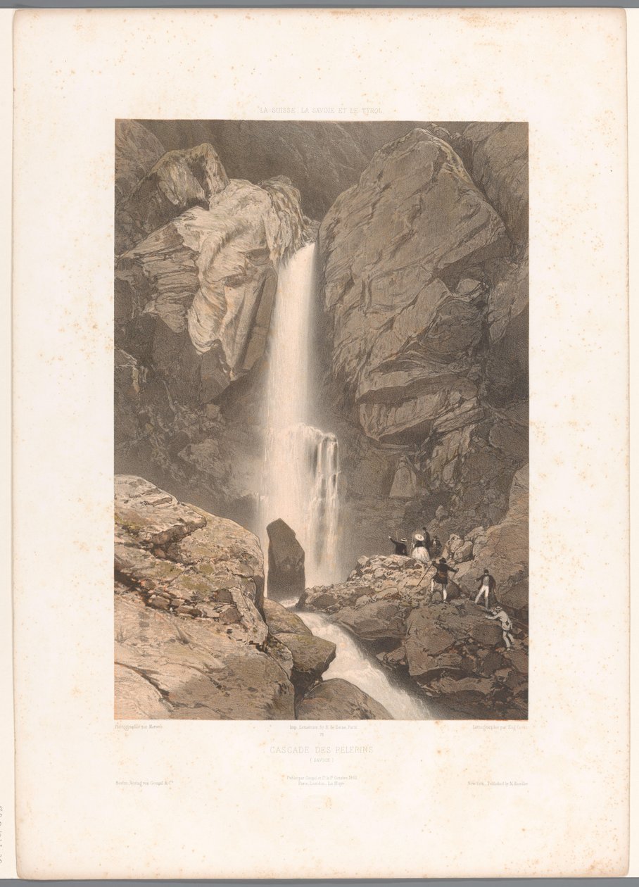 Kilátás a Pélerins-vízesésre Cascade des Pélerins (cím a tárgyon) Nézetek Svájcban, Savoyában és Tirolban (sorozat címe) La Suisse, la Savoie et le Tyrol (sorozat címe a tárgyon) alkotó: Eugene Ciceri