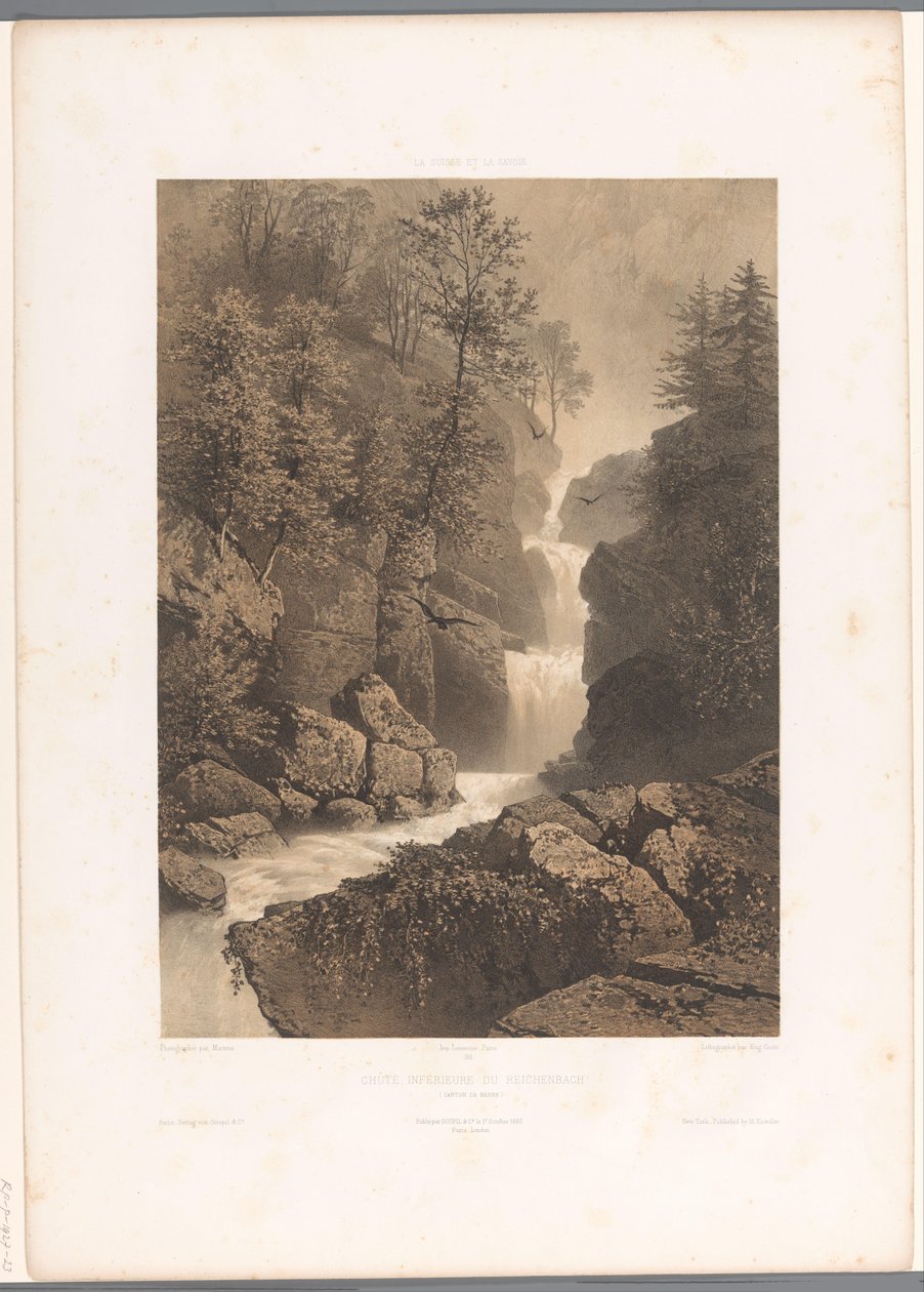 Kilátás a Reichenbach-vízesésre Chûte, inferior du Reichenbach (cím a tárgyon) Arcok Svájcban és Savoyában (sorozat címe) La Suisse et la Savoie (sorozat címe a tárgyon) alkotó: Eugene Ciceri
