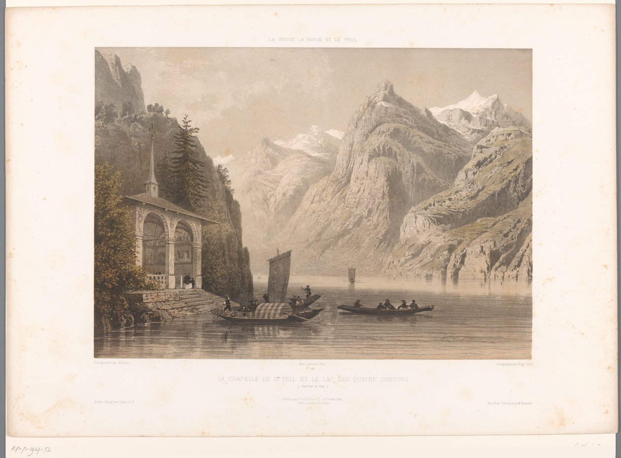 Kilátás a Tells-kápolnára a Luzerni-tónál La Chapelle de G.me Tell et le lac des Quatre-Cantons (cím az objektumon) Arcok Svájcban, Savoyában és Tirolban (sorozat címe) La Suisse, la Savoie et le Tyrol (sorozat címe a tárgyon) alkotó: Eugene Ciceri