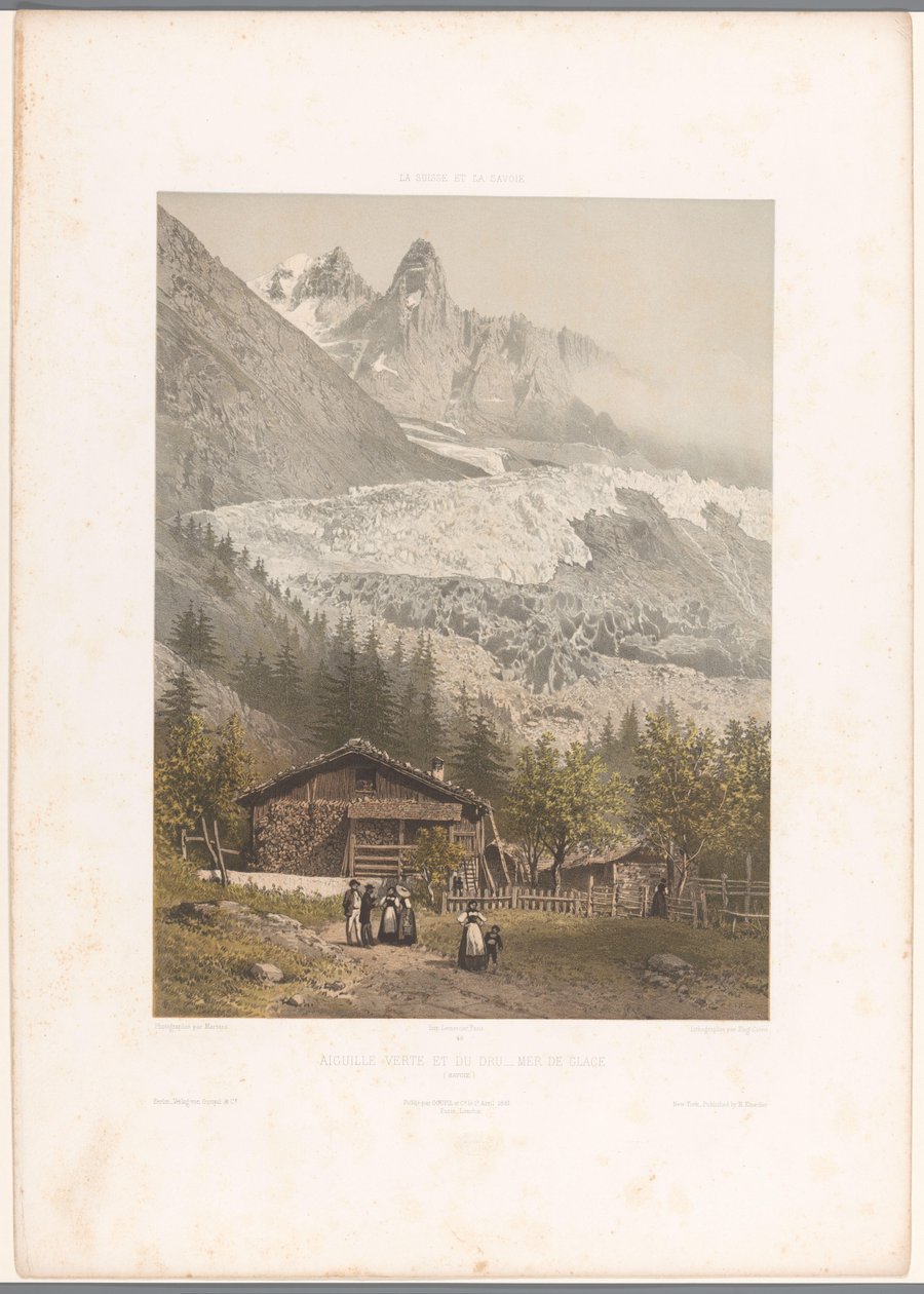 Kilátás az Aiguille Verte és Dru hegycsúcsokra és a Mer-de-Glace gleccserre Aiguille verte et du Dru – Mer de Glace (cím az objektumon) Arcok Svájcban és Savoyában (sorozat címe) La Suisse et la Savoie (sorozat címe az objektumon) alkotó: Eugene Ciceri