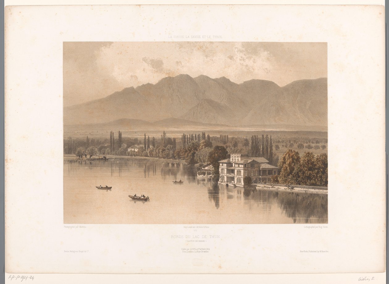 Kilátás a Thun-tó partjára Bords du Lac de Thun (cím a tárgyon) Arcok Svájcban, Savoyában és Tirolban (sorozat címe) La Suisse, la Savoie et le Tyrol (sorozat címe a tárgyon) alkotó: Eugene Ciceri