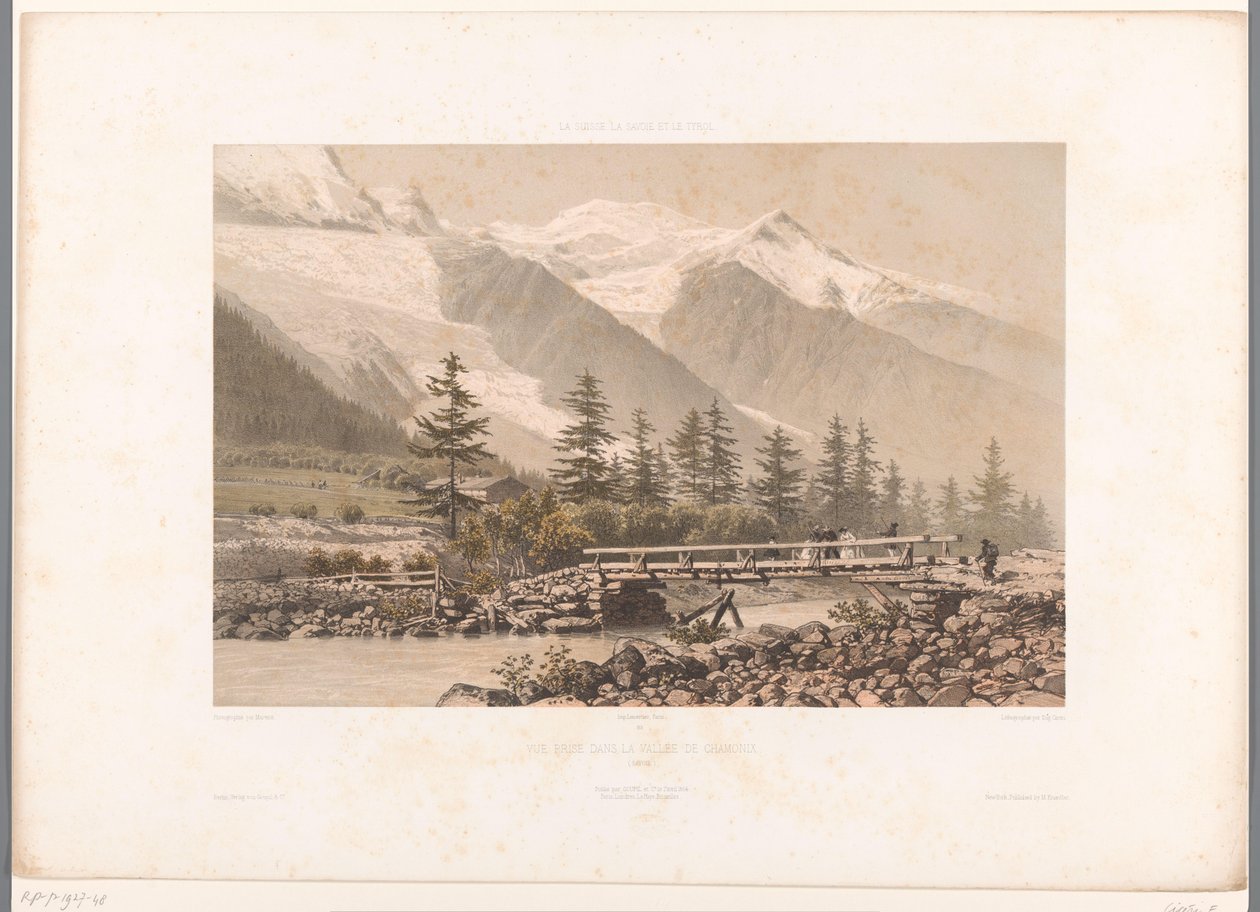 Kilátás a Chamonix-völgyre az Arve folyóval Vue-díj dans la Vallée de Chamonix (cím a tárgyon) Arcok Svájcban, Savoyában és Tirolban (sorozat címe) La Suisse, la Savoie et le Tyrol (sorozat címe a tárgyon) alkotó: Eugene Ciceri