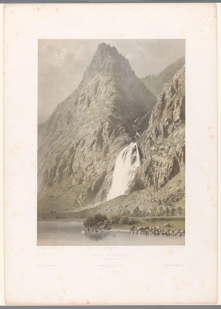 Kilátás a Pissevache-vízesésre Cascade de Pissevache (cím az objektumon) Arcok Svájcban és Savoyában (sorozat címe) La Suisse et la Savoie (sorozat címe az objektumon) alkotó: Eugene Ciceri