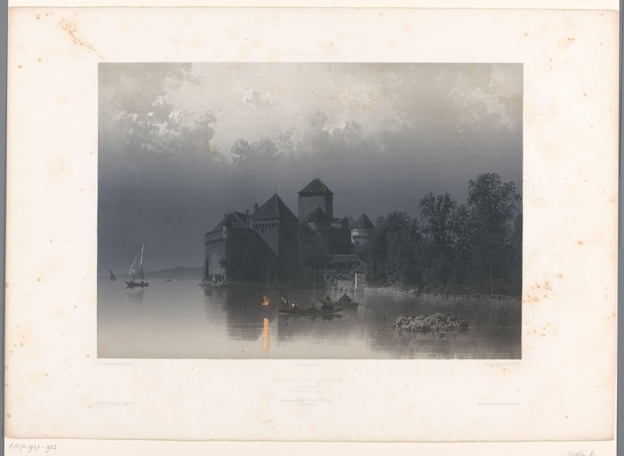 Kilátás a Chillon kastélyra a Genfi-tónál Château de Chillon (cím a tárgyon) Arcok Svájcban és Savoyában (sorozat címe) La Suisse et la Savoie (sorozat címe az objektumon) alkotó: Eugene Ciceri